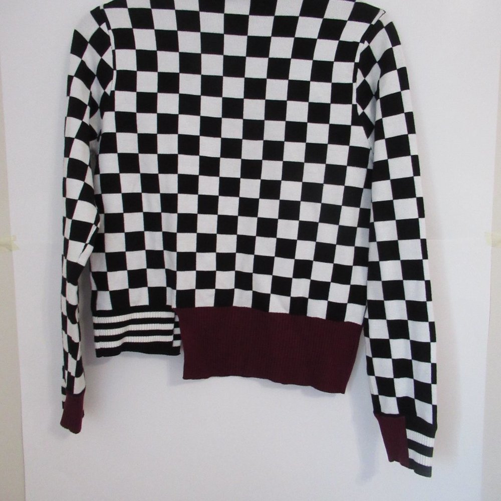 Checkerboard Cowl Sweater with Burgundy Accents - Picture 3 of 4